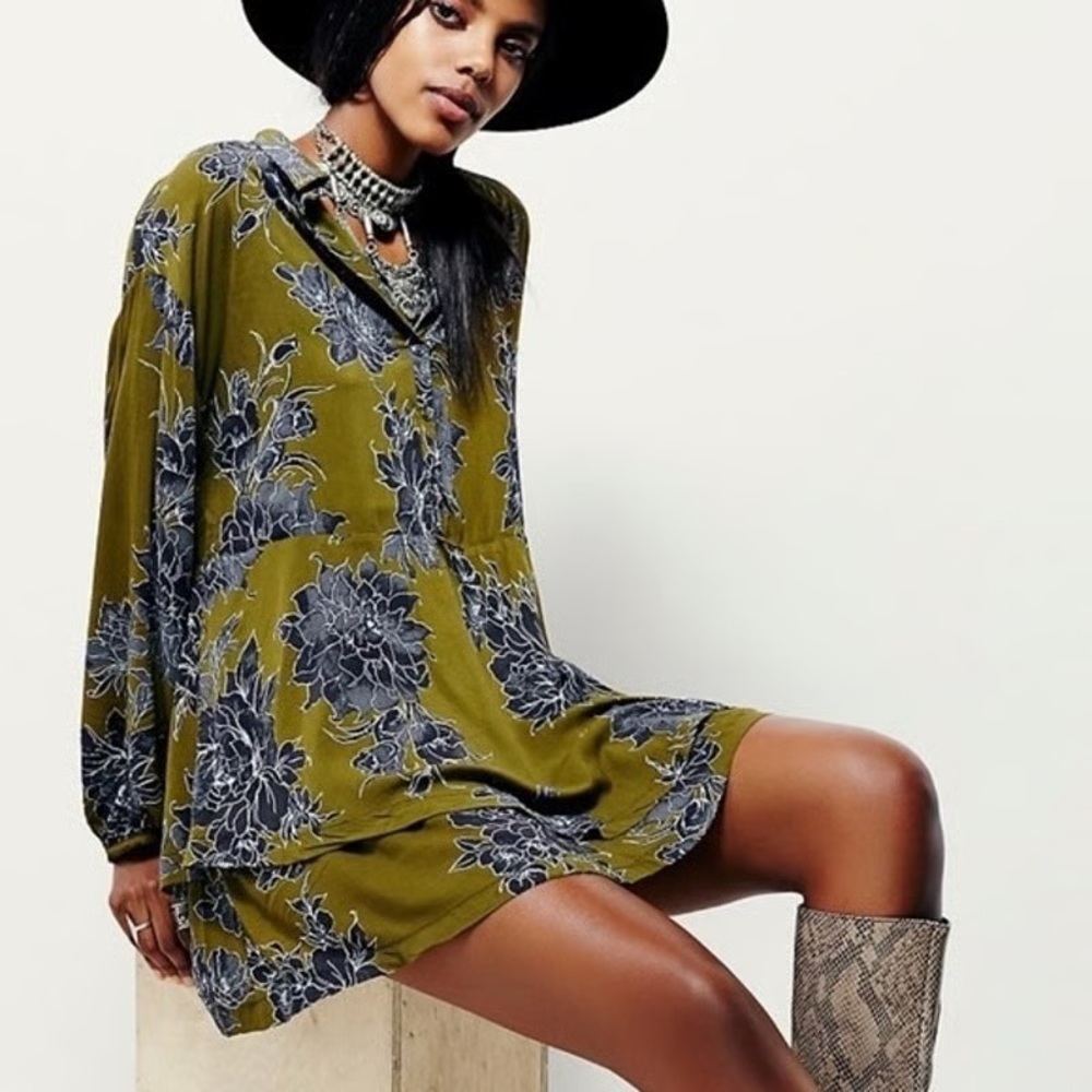 Free People Olive Floral Long Sleeve Dress